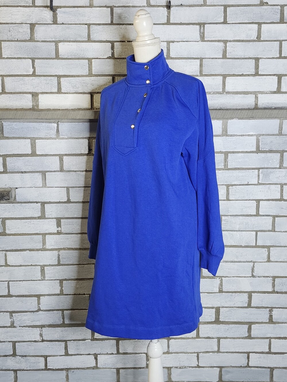 • Sonoma Sweatshirt Mini Dress Size Medium Blue Fleece Snap Neck Mock Collar